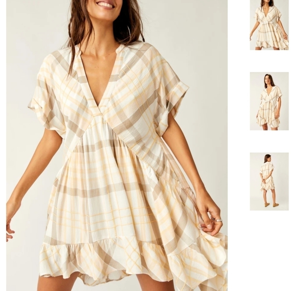 Free people Agnes plaid Mini Dress Neutral Combo Women's XS